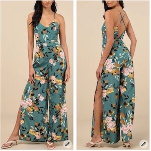 Lulus Beautiful Blooms Teal Green Floral Print Wide-leg Jumpsuit Size M